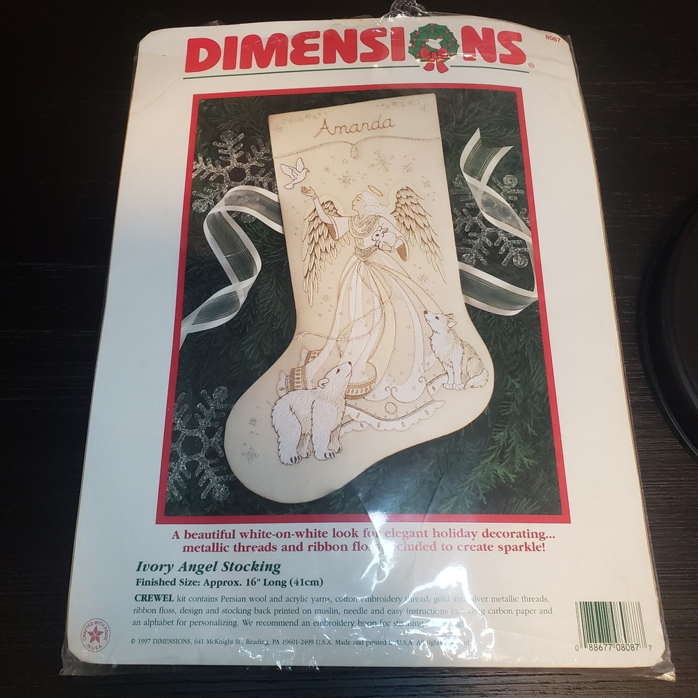 Dimensions 8087 Ivory Angel Stocking Crewel Embroidery Kit Vintage 1997 16 inch